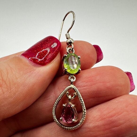 Stunning peridot and pink tourmaline in sterling silver dangle earrings!! - Picture 3 of 7